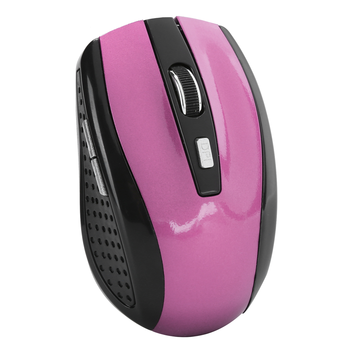 Drahtlose Maus in Pink und Schwarz. Verfügt über ein Scrollrad und eine DPI-Taste. Draufsicht, isoliert auf weißem Hintergrund.
