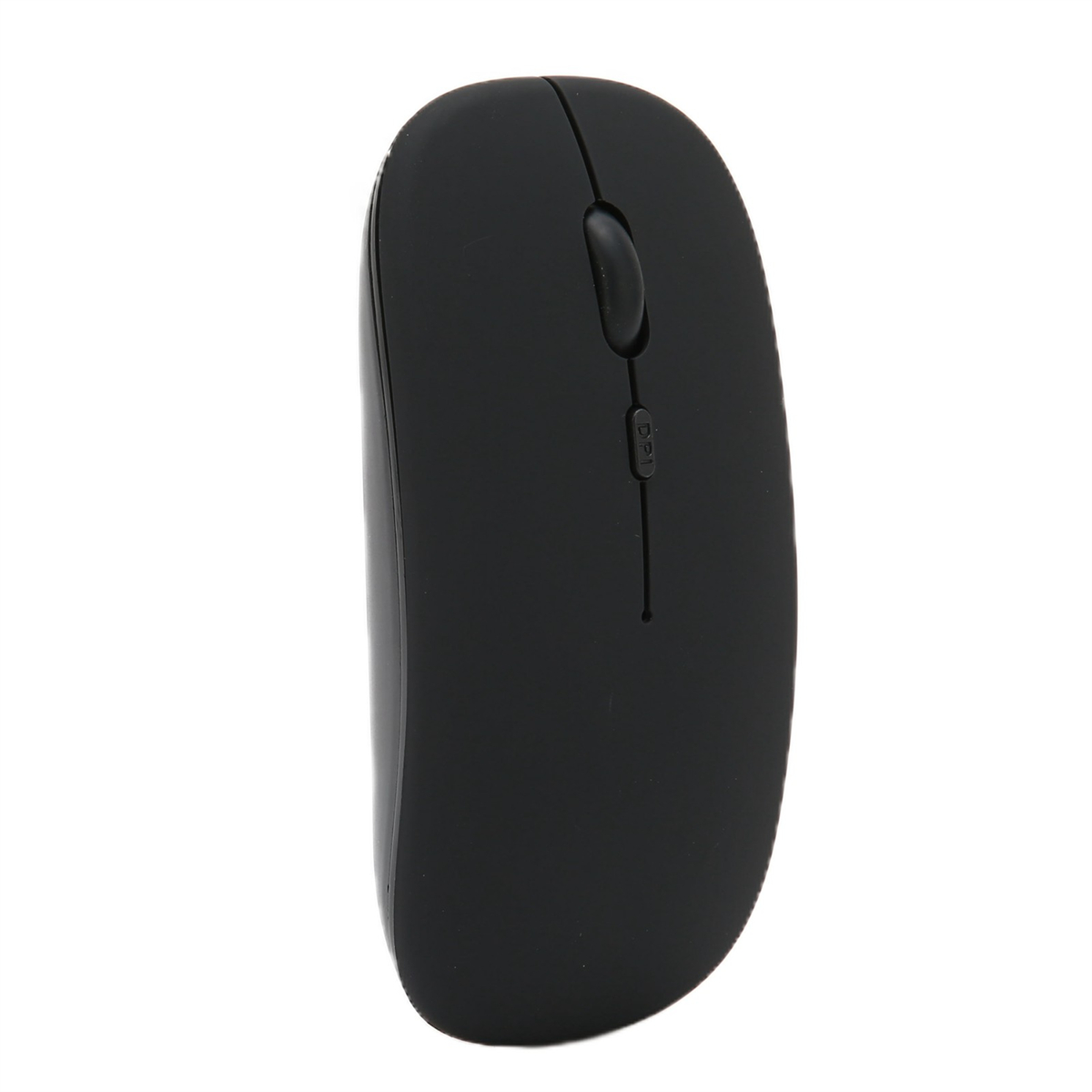 Eine schwarze Maus mit einem Scrollrad und zwei Tasten. Die Maus befindet sich auf weißem Hintergrund.