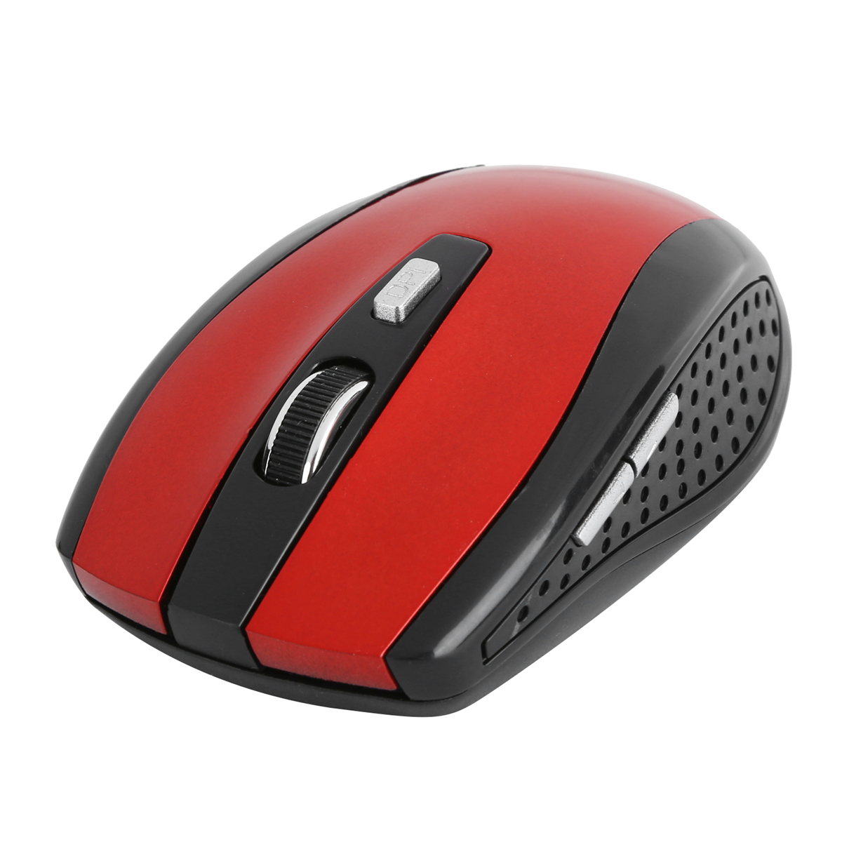 Eine rot-schwarze drahtlose Computermaus mit Scrollrad und Tasten auf weißer Oberfläche.