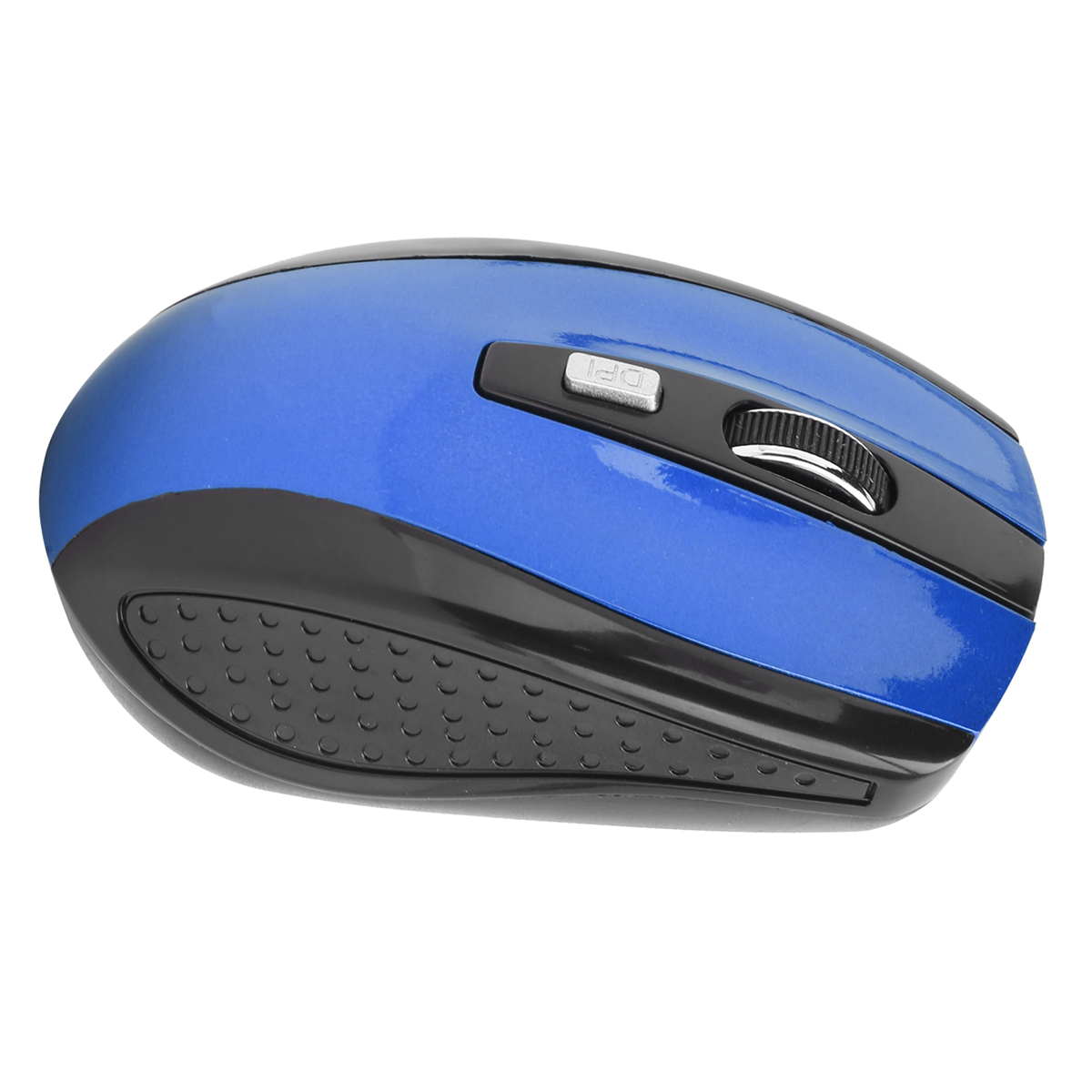 Blaue und schwarze kabellose Computermaus, Draufsicht. Mit Tasten und Scrollrad auf weißem Hintergrund.