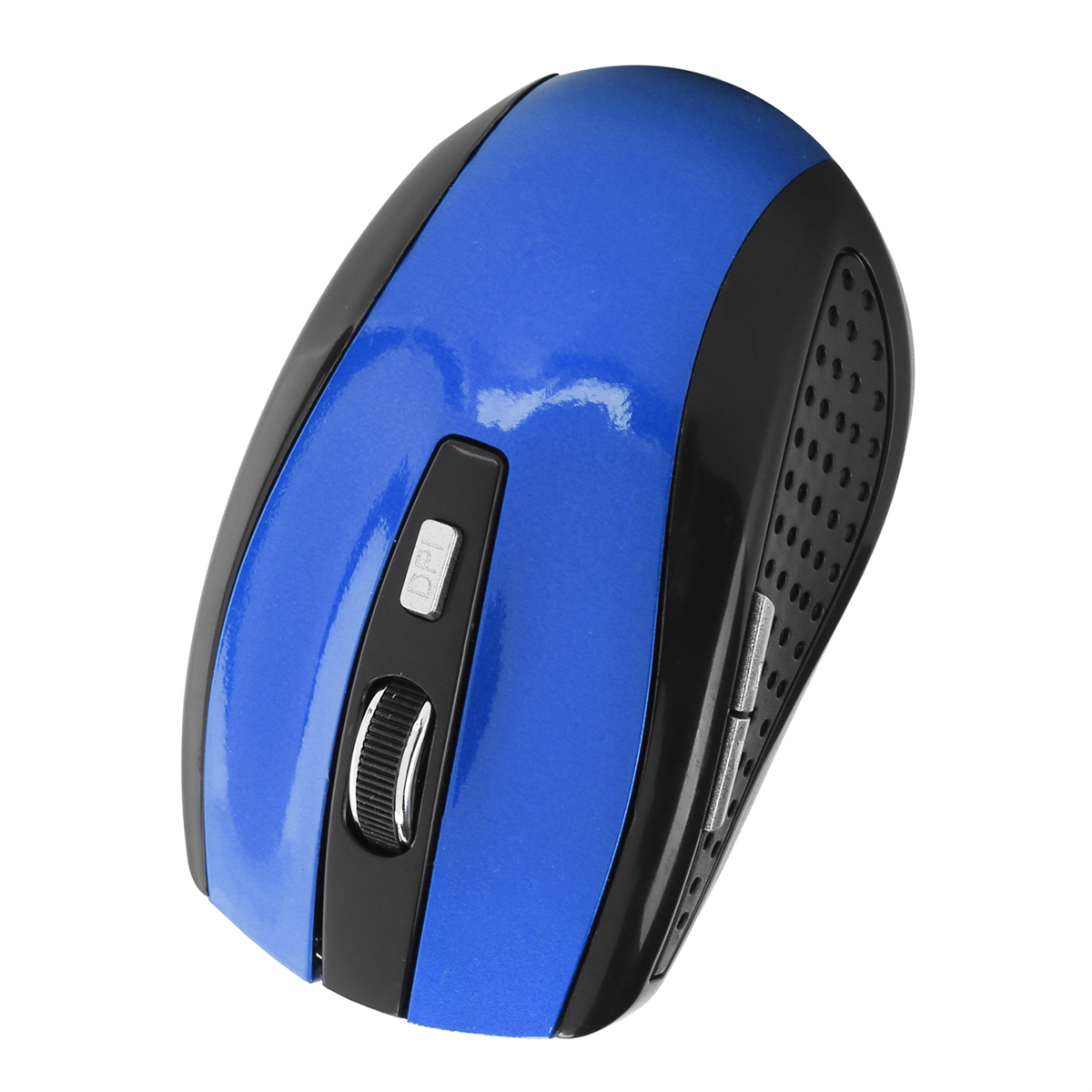 Blaue und schwarze kabellose Maus mit Scrollrad und DPI-Taste. Weißer Hintergrund.