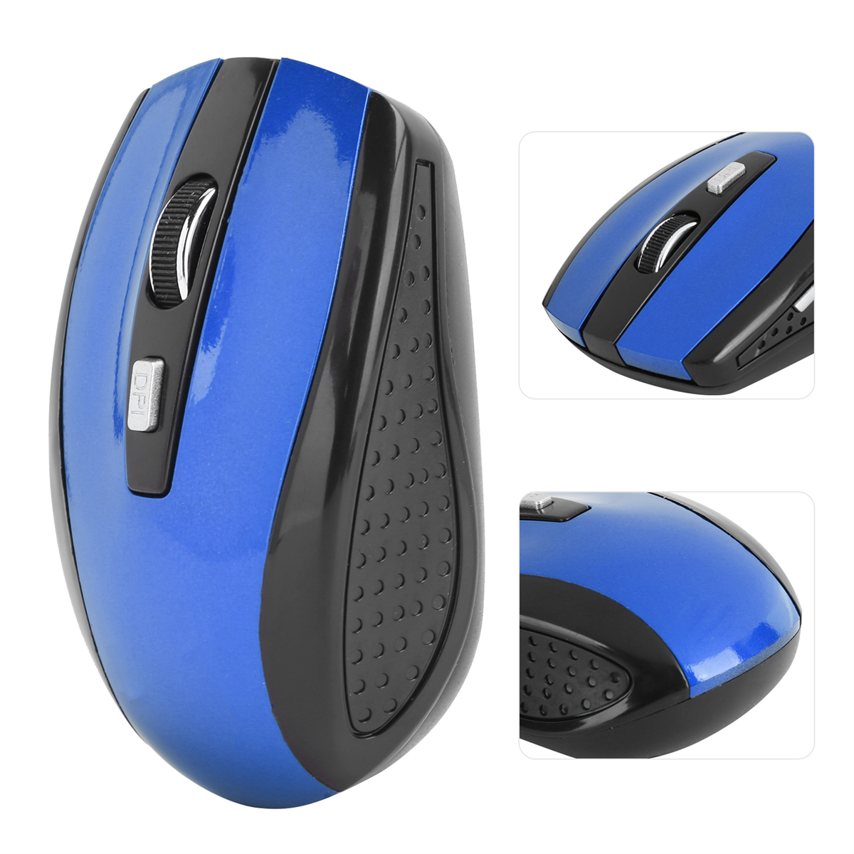 Blaue und schwarze kabellose Maus, Nahaufnahmen zeigen Details, isoliert.