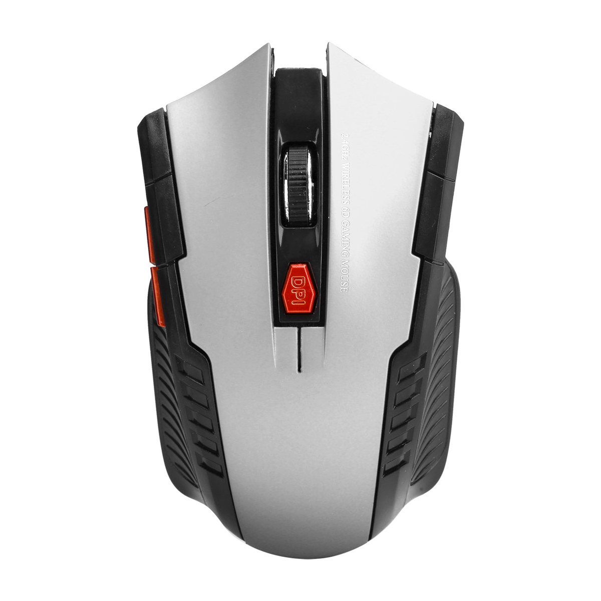 Kabellose Gaming-Maus auf Weiß. Schwarz, Silber und Rot. DPI-Taste und Scrollrad.