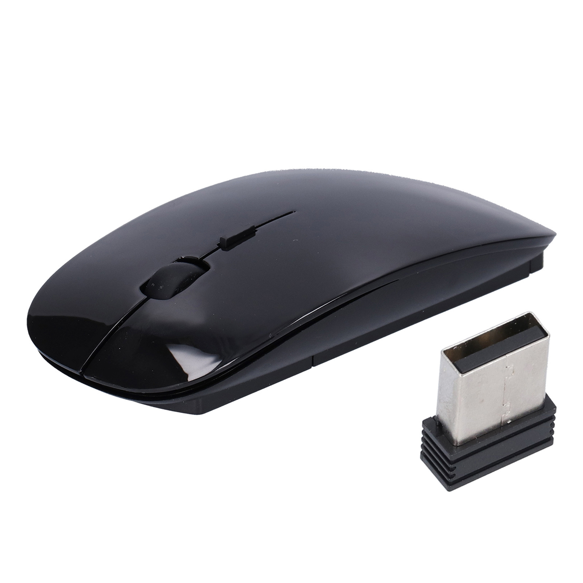Schwarze drahtlose Maus mit einem USB-Empfänger. Weißer Hintergrund.