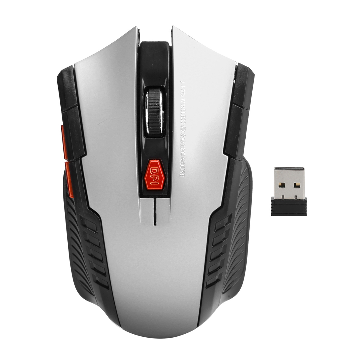 Silber-schwarze kabellose Maus mit roter DPI-Taste und USB-Empfänger. Es befindet sich auf weißem Hintergrund.