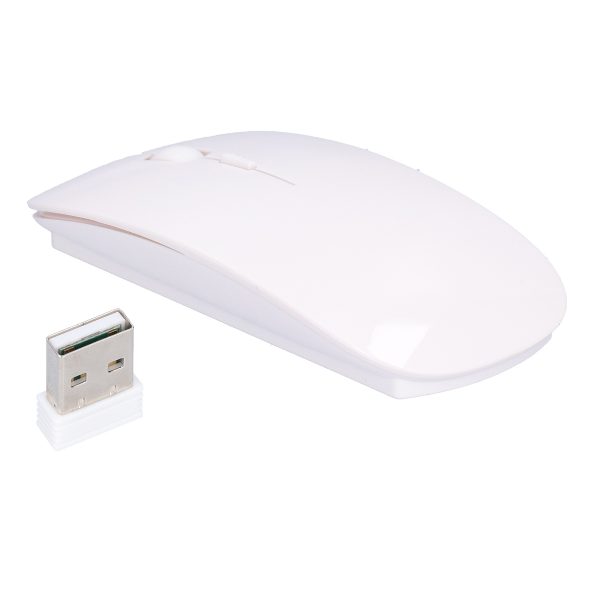 Weiße kabellose Maus mit USB-Empfänger. Die Maus befindet sich auf weißem Hintergrund. Der Empfänger liegt daneben.