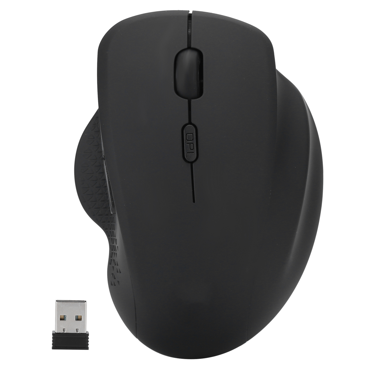 Schwarze ergonomische Maus mit DPI-Taste und USB-Empfänger. Die Maus ist geneigt.