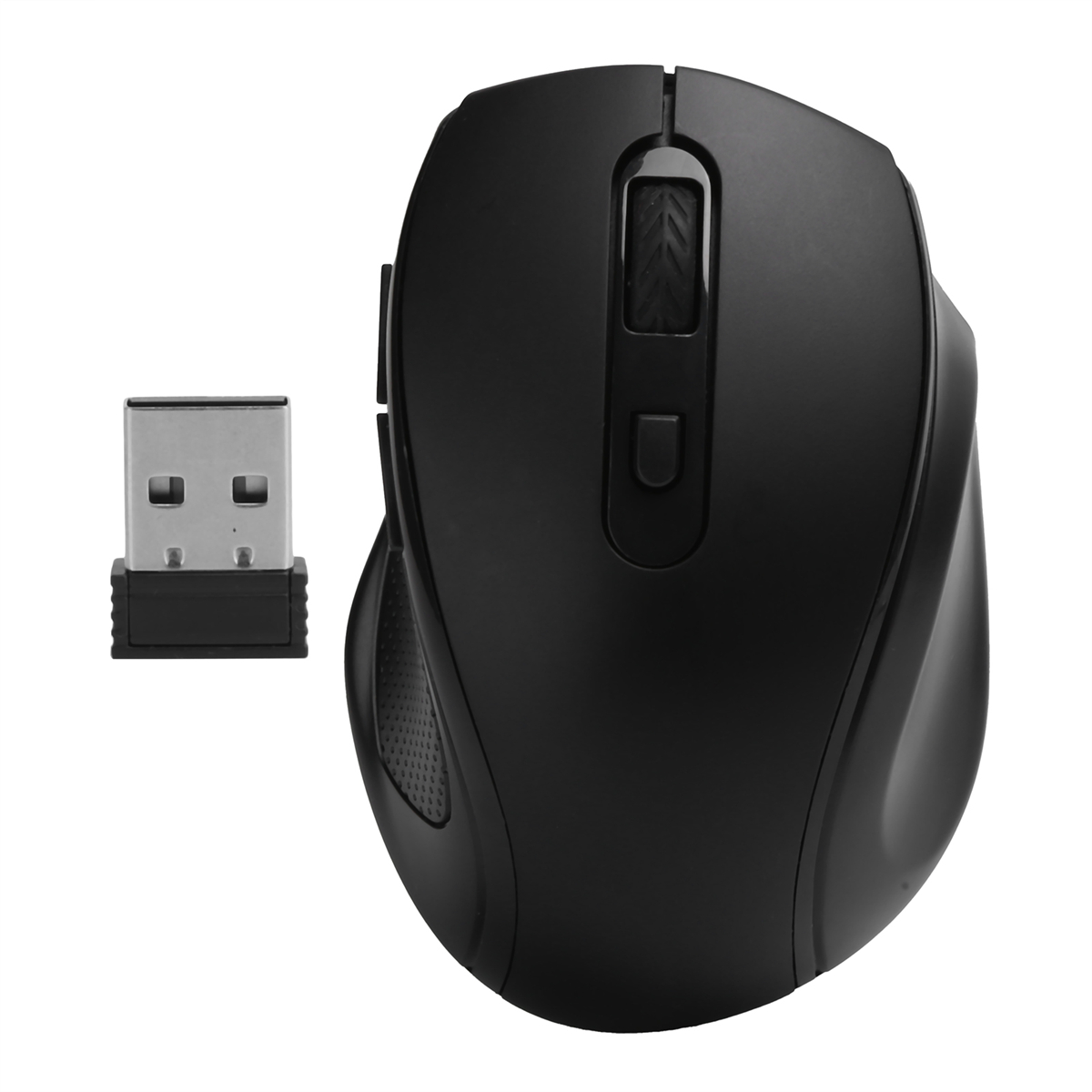 Eine schwarze kabellose Maus und ein USB-Empfänger auf weißem Hintergrund.