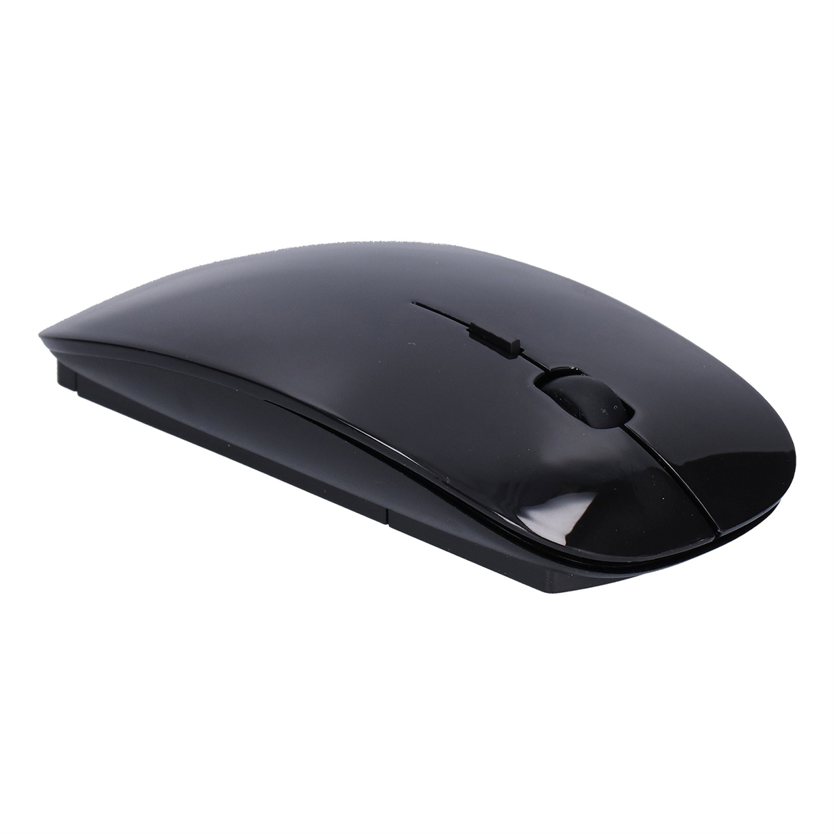 Schwarze drahtlose Computermaus auf weißem Hintergrund. Es hat ein schlankes, flaches Design.