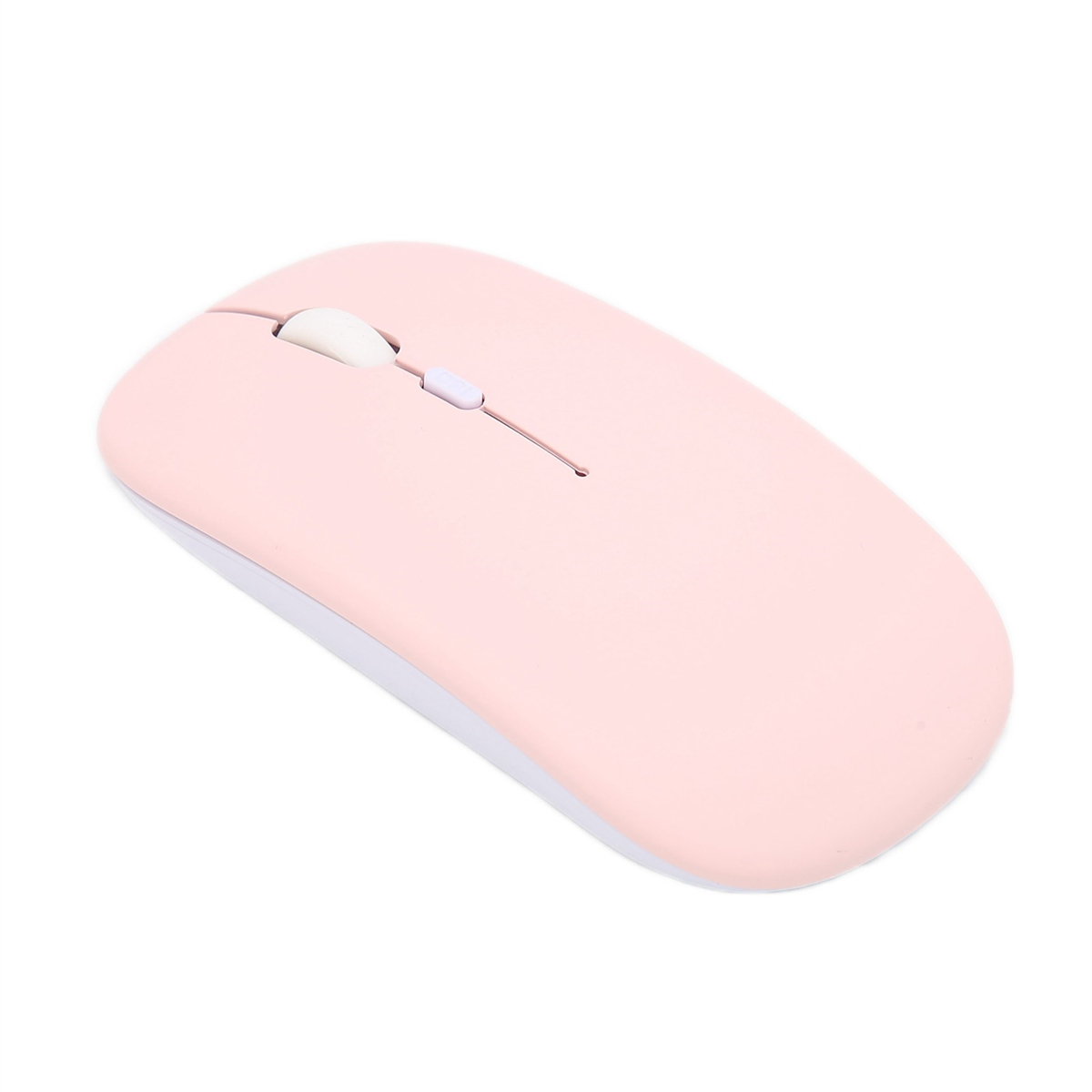 Rosa Computermaus auf Weiß. Sie hat ein Scrollrad und Knöpfe. Die Maus ist abgewinkelt.