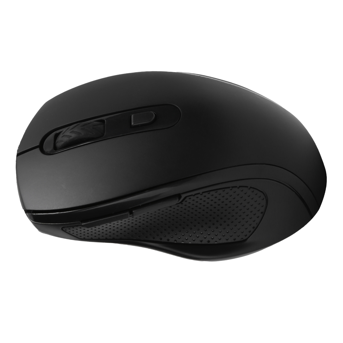 Schwarze Maus. Zwei Tasten und ein Scrollrad. Schwarzes und graues Design.