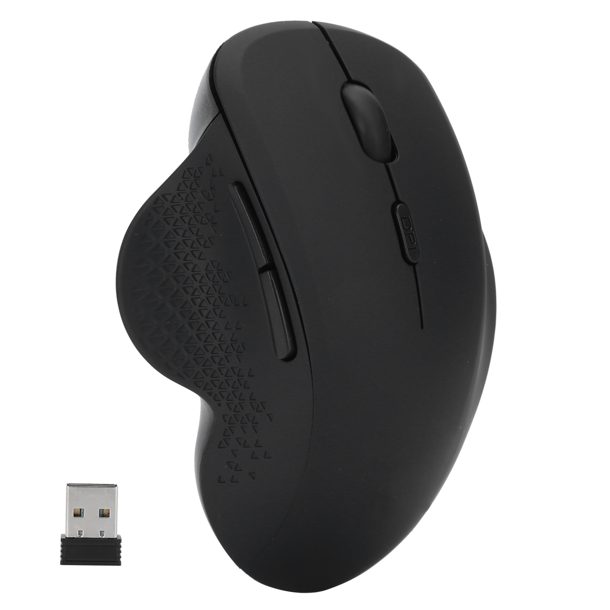 Schwarze ergonomische Maus mit einem USB-Empfänger daneben.