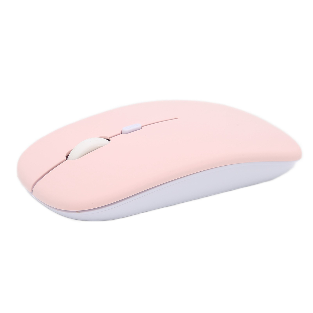 Eine rosa-weiße Computermaus auf weißem Hintergrund.
