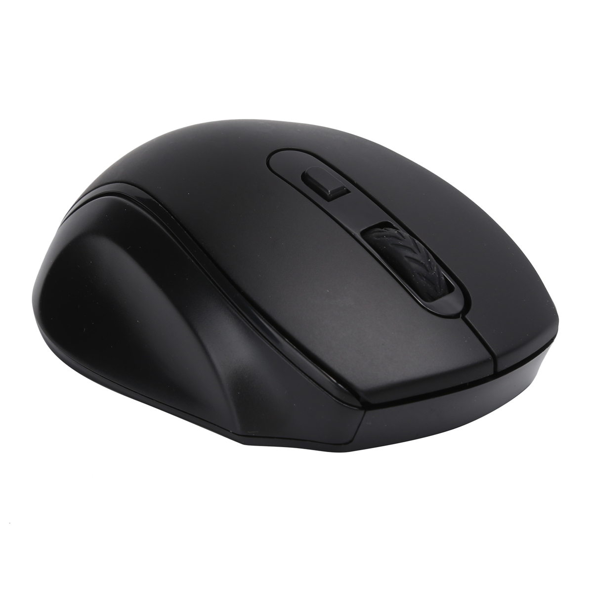 Schwarze kabellose Maus auf weißer Oberfläche. Einfaches Design.