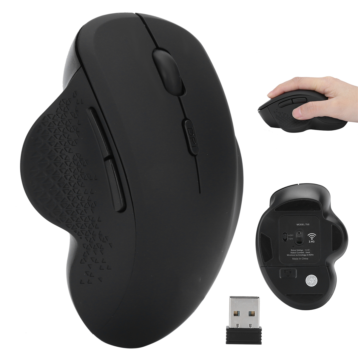 Schwarze ergonomische Maus mit mehreren Ansichten. Enthält einen USB-Empfänger und eine Hand, die die Maus hält.