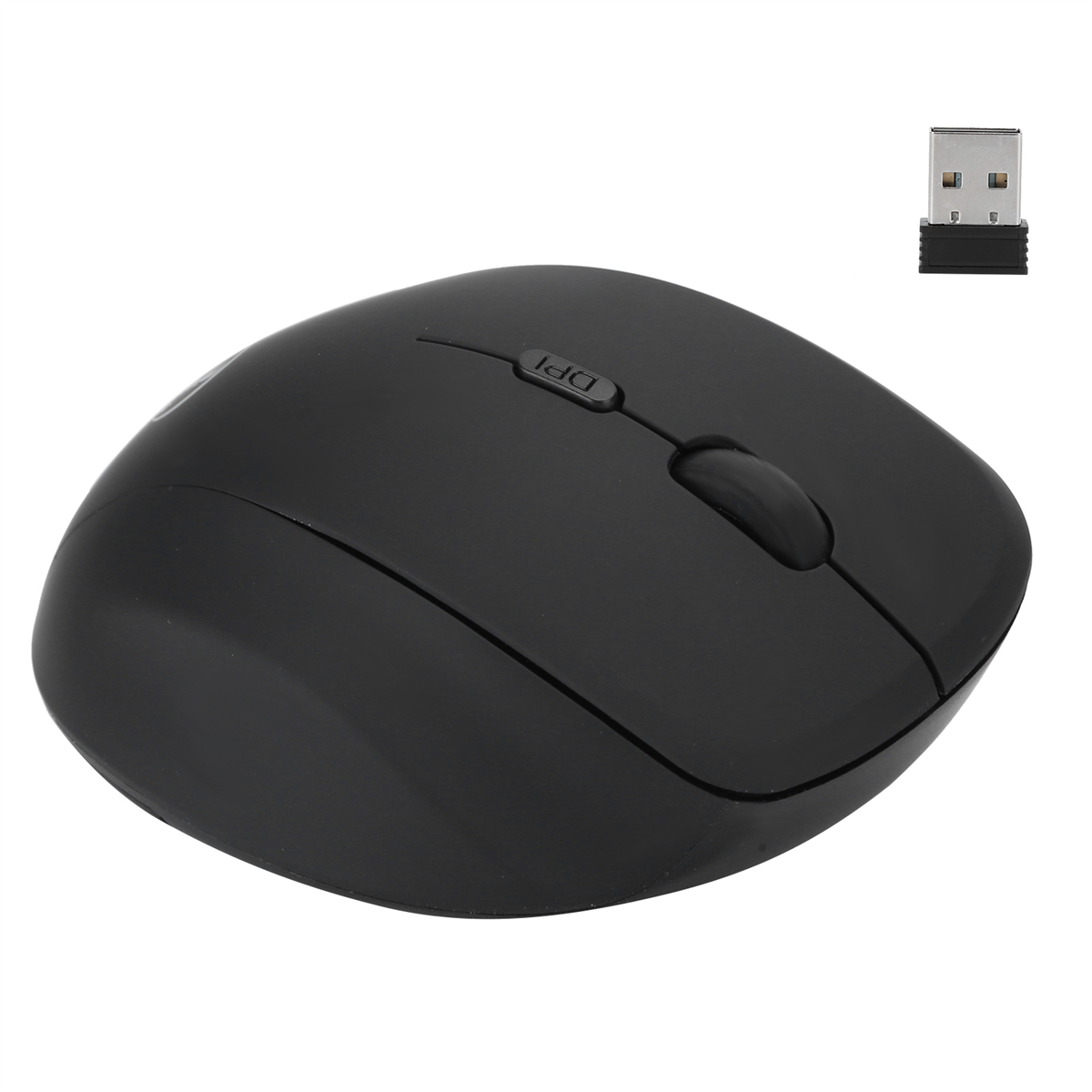 Eine schwarze Computermaus mit einer DPI-Taste. Sie hat auch einen USB-Empfänger.