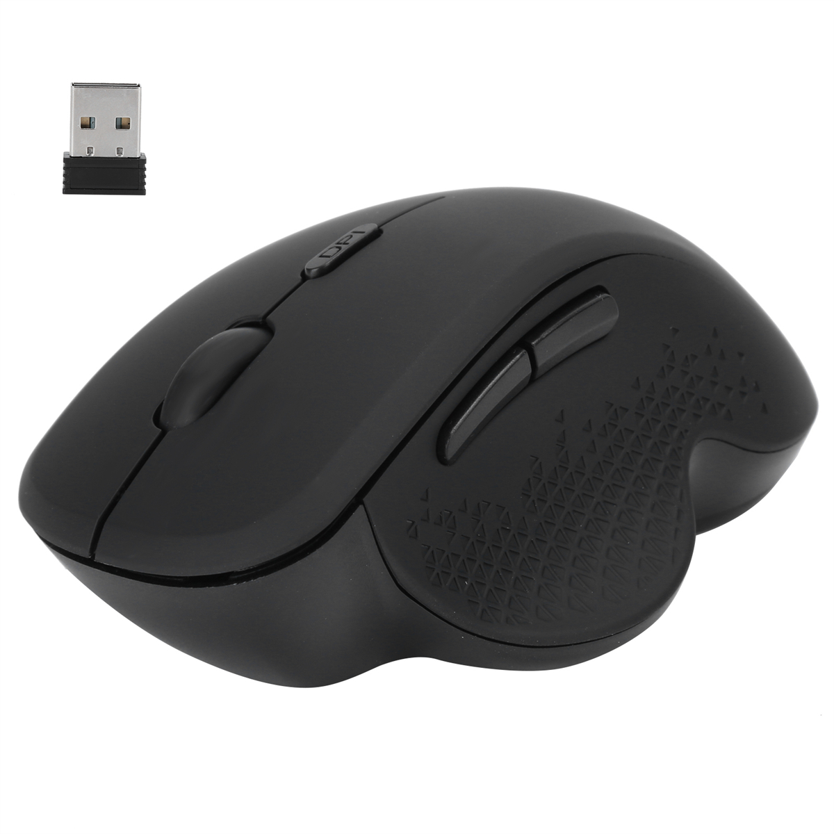 Schwarze kabellose Maus. Sie hat ein Scrollrad, eine DPI-Taste und zwei Seitentasten. USB-Empfänger sichtbar.