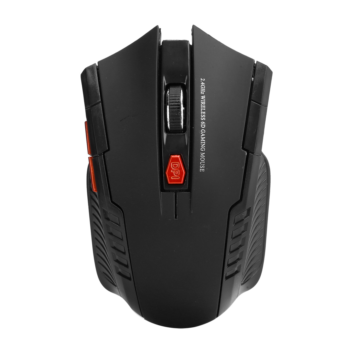 Eine schwarze kabellose Gaming-Maus mit roter DPI-Taste und Scrollrad. Die Maus ist abgewinkelt.