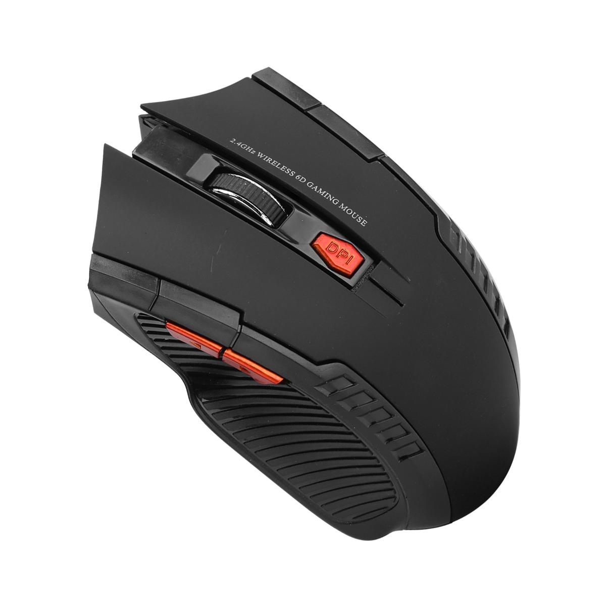 Eine schwarze drahtlose Gaming-Maus mit roten Tasten und einem Scrollrad, auf weißem Hintergrund.