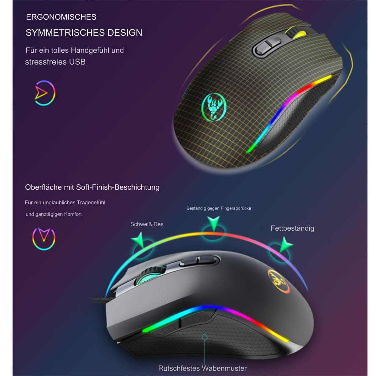 Zwei Computermäuse. Eine ist schwarz mit RGB-Lichtern. Die andere ist schwarz mit Text.