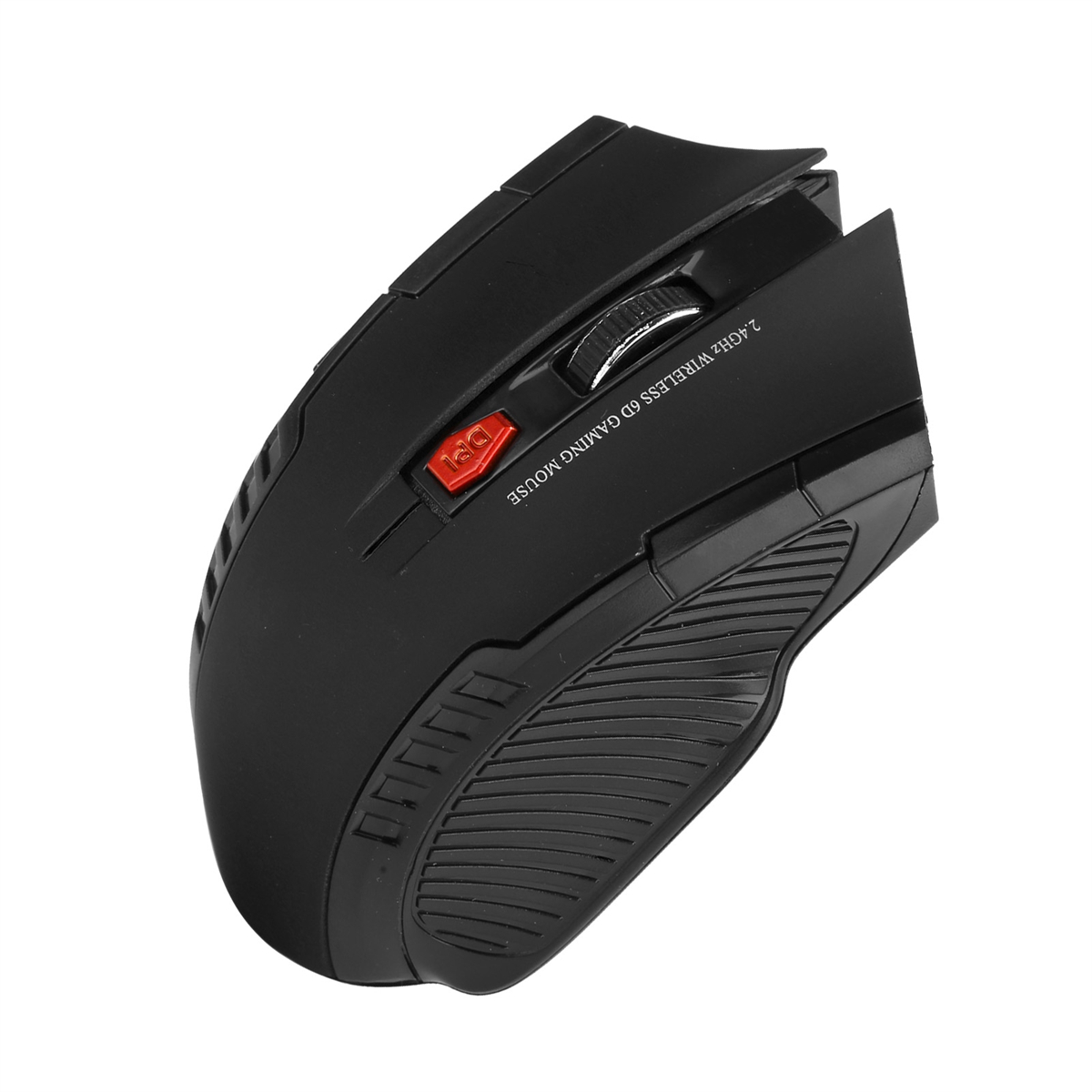 Schwarze Gaming-Maus mit roter DPI-Taste und einem Scrollrad.