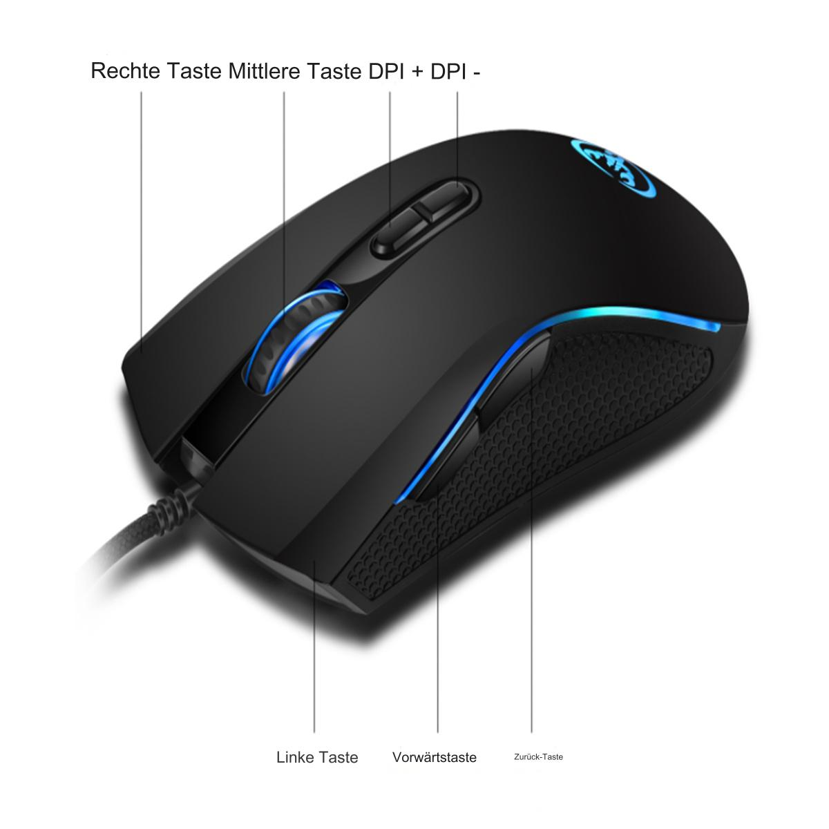 Schwarze Gaming-Maus mit beschrifteten Tasten: rechts, Mitte, DPI, DPI-, links, vorwärts und zurück.