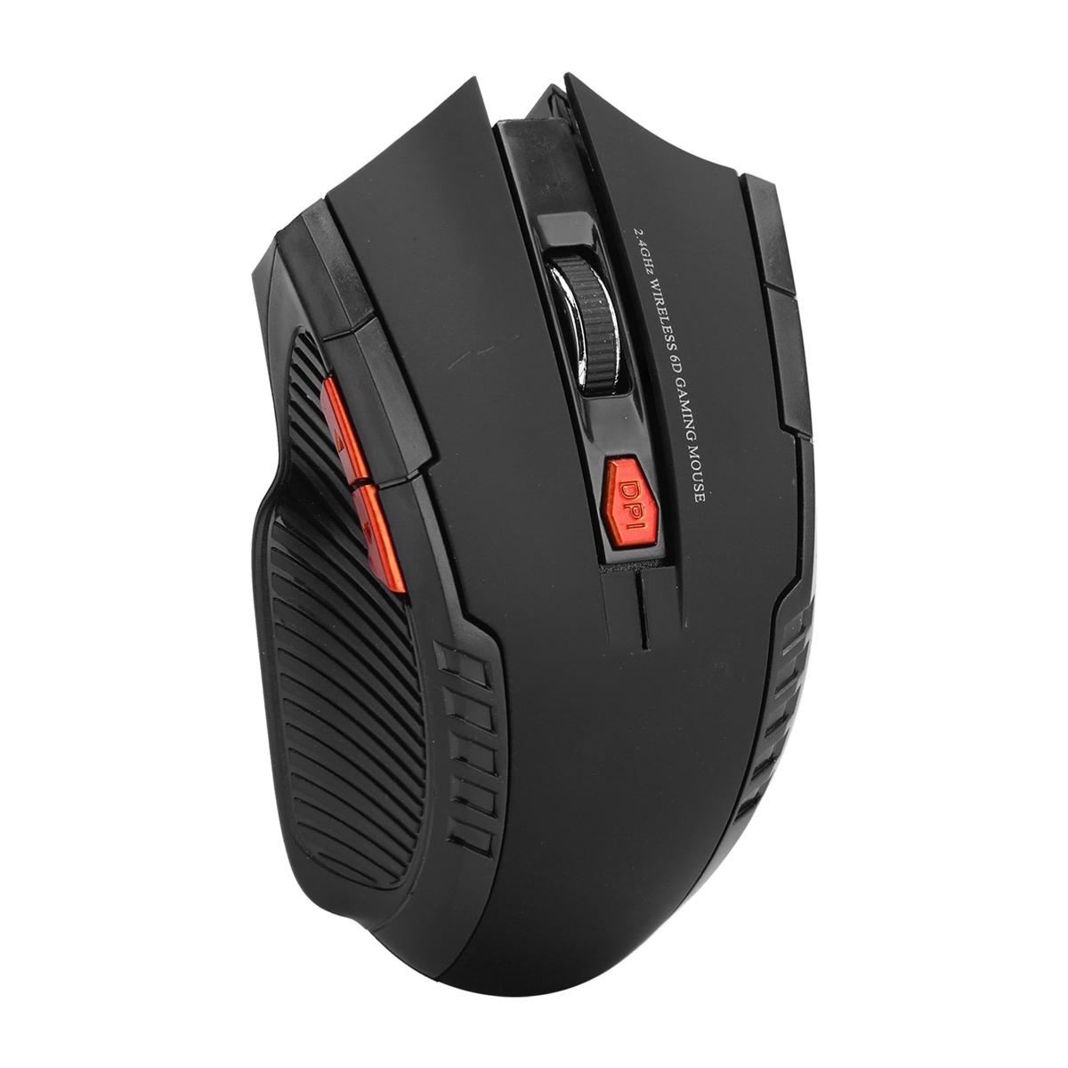 Eine schwarze drahtlose Gaming-Maus mit roten Tasten und einer DPI-Taste. Auf weißem Hintergrund.