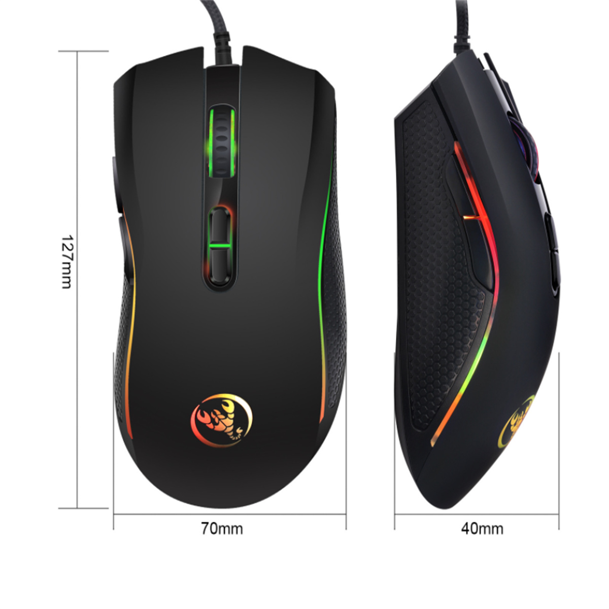 Eine schwarze Gaming-Maus mit farbigen Lichtern und den Maßen: 127mm x 70mm x 40mm.