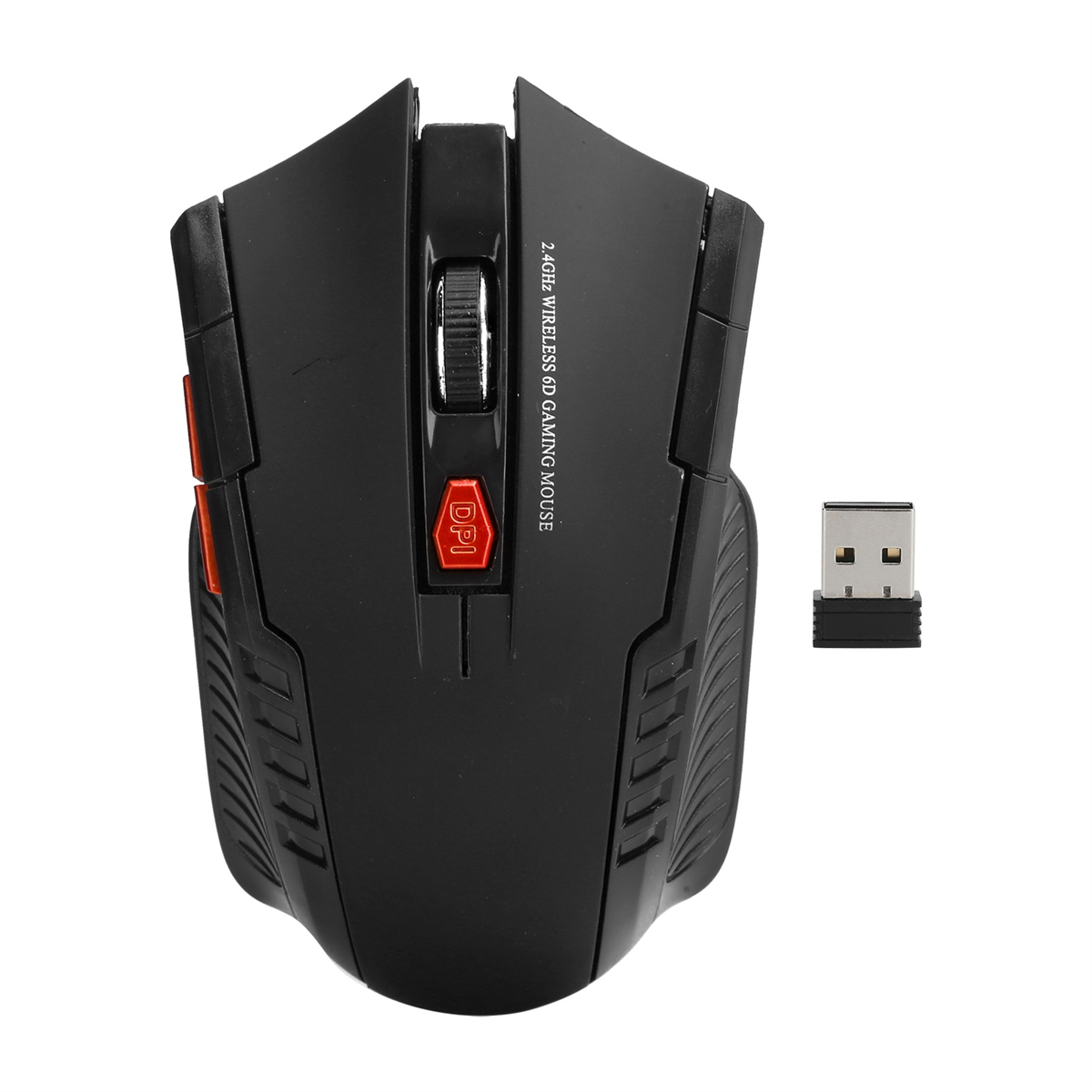 Schwarze kabellose Gaming-Maus. Die Maus hat rote Akzente und einen USB-Empfänger.
