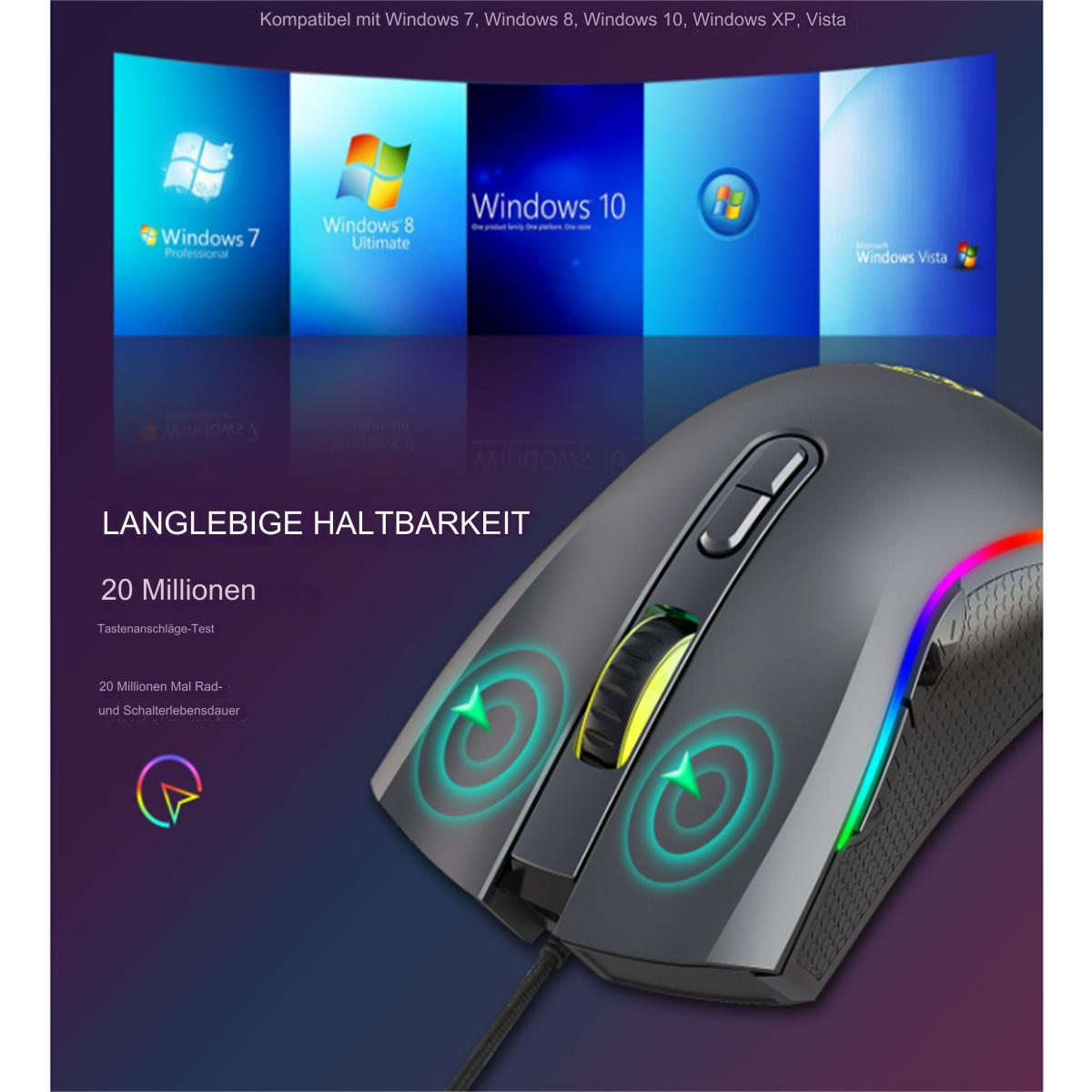 Eine dunkelgraue Gaming-Maus mit farbigen Lichtern und Kabel, Windows-Logos im Hintergrund.