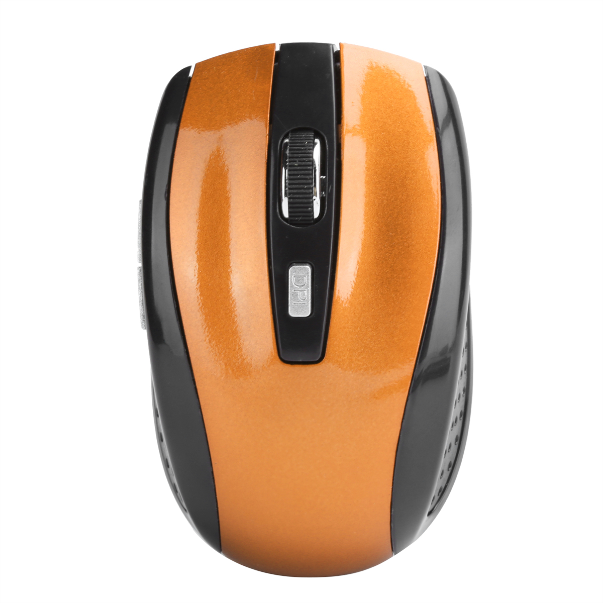 Orange und schwarze kabellose Maus mit Scrollrad und DPI-Taste. Isoliert auf weißem Hintergrund.
