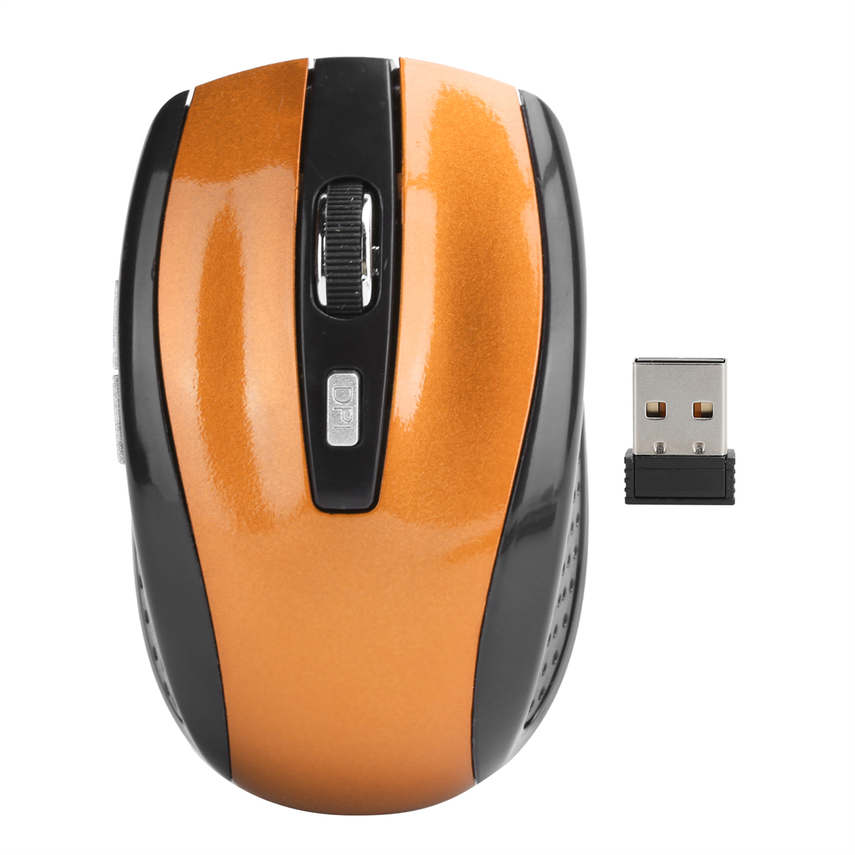 Eine orangefarbene und schwarze drahtlose Maus mit einem USB-Empfänger zur Seite, vor weißem Hintergrund.