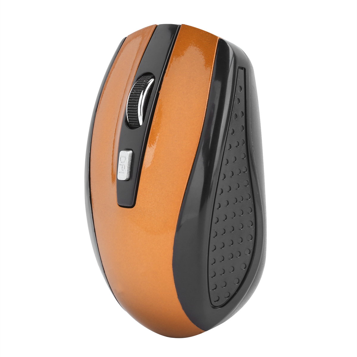 Draufsicht auf eine orangefarbene und schwarze kabellose Computermaus. Scrollrad und DPI-Taste oben.