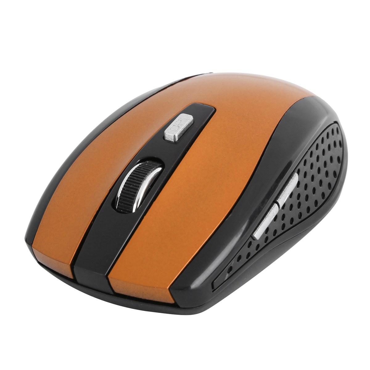 Orange und schwarze drahtlose Computermaus. Enthält ein Scrollrad und Tasten.