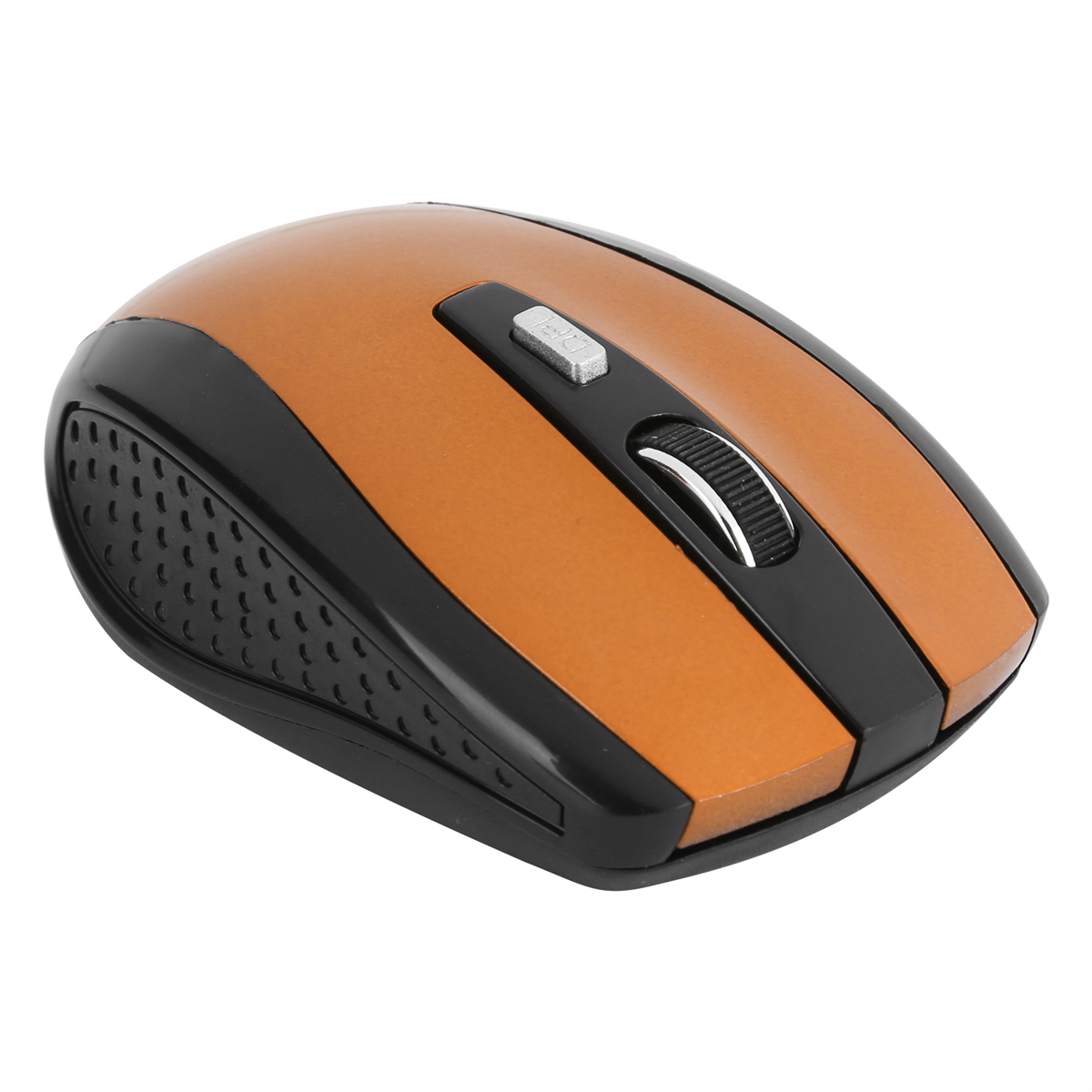 Eine orangefarbene und schwarze kabellose Maus mit Scrollrad und Tasten.