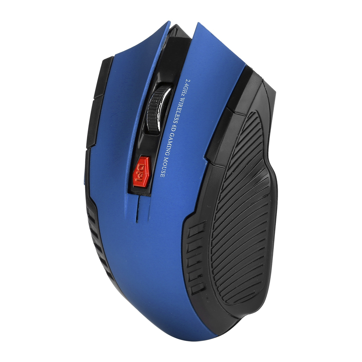 Blaue und schwarze kabellose Gaming-Maus mit Scrollrad.