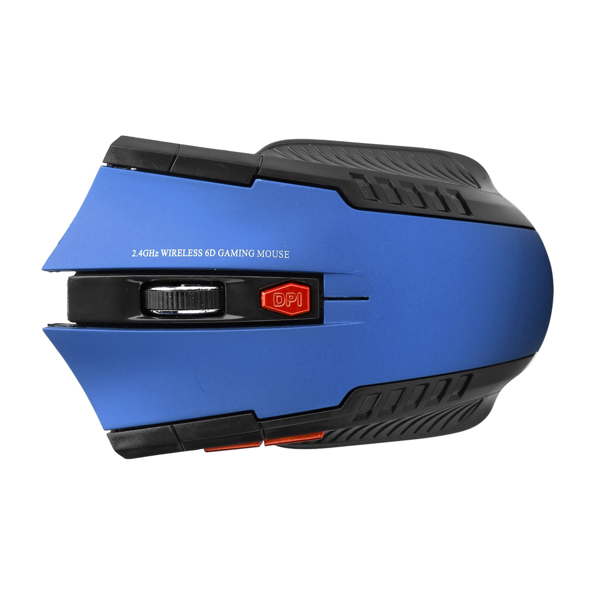 Blaue und schwarze Gaming-Maus mit DPI-Taste und der Aufschrift "2,4 GHz WIRELESS 6D GAMING MOUSE".