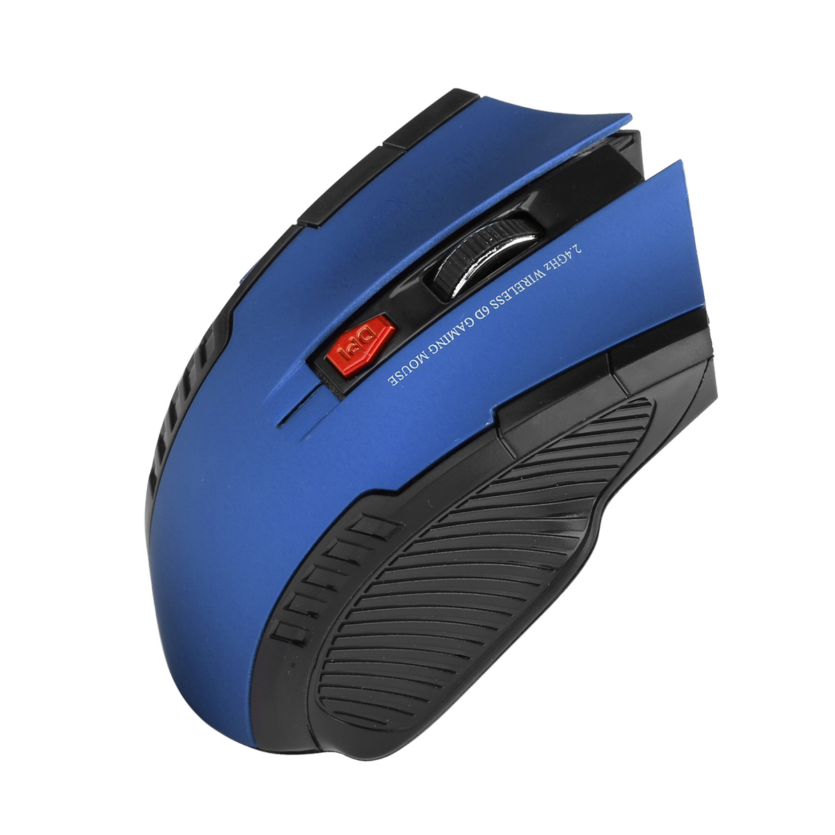 Blaue und schwarze Gaming-Maus. Rote Taste mit DPI. Scrollrad in der Mitte. Schwarzes und blaues Design.