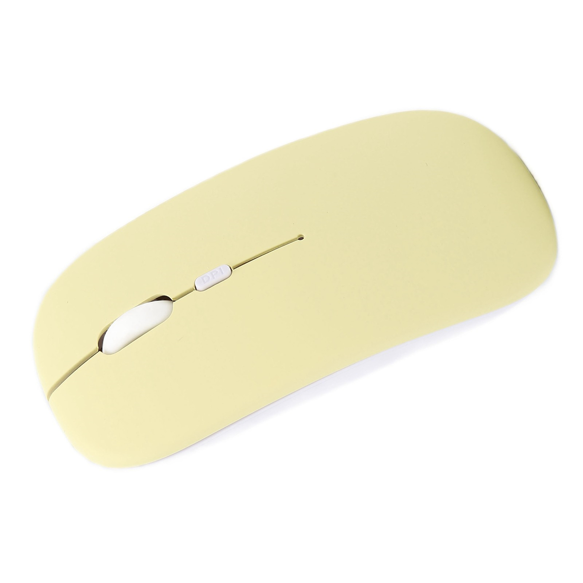 Gelbe kabellose Maus mit Scrollrad und DPI-Taste.