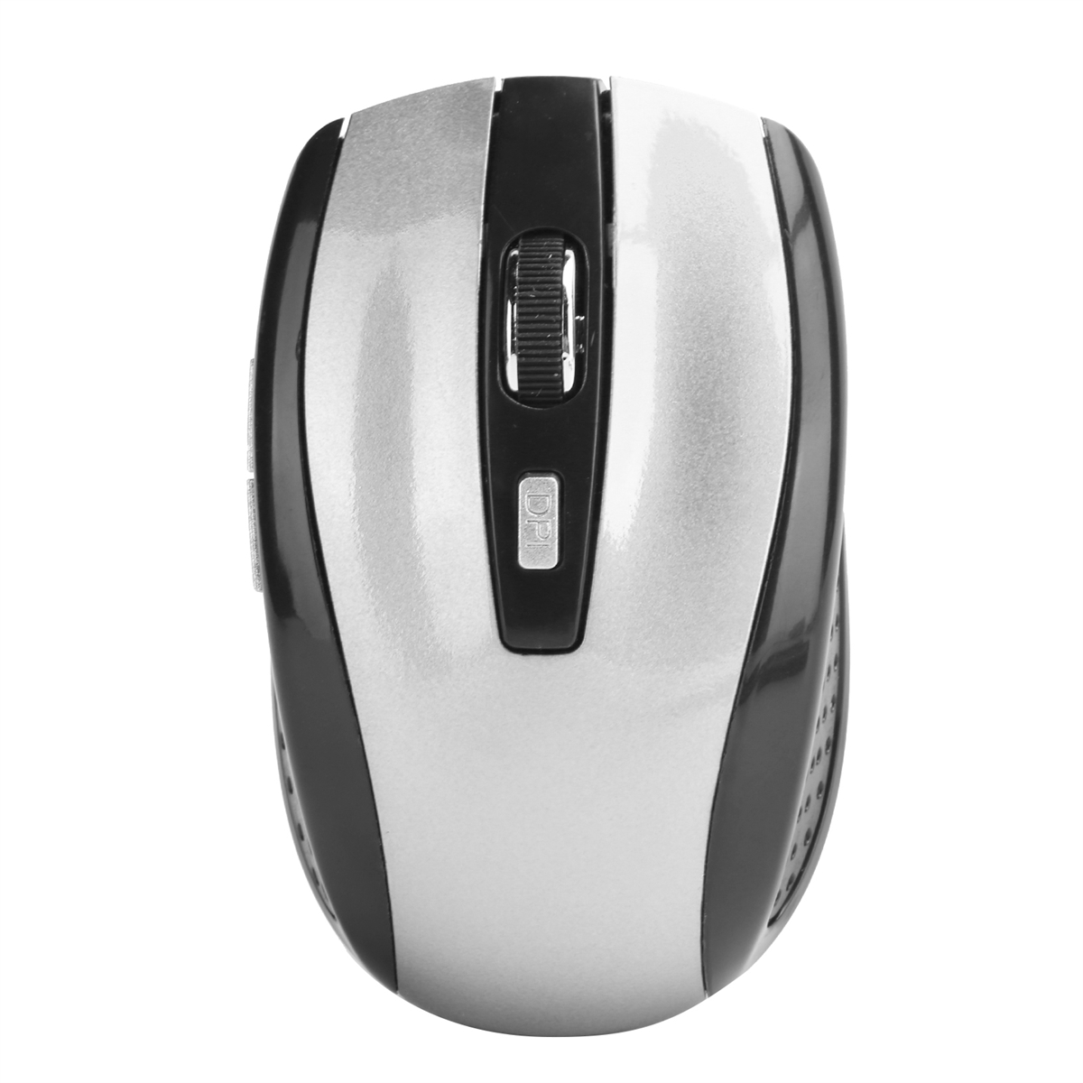 Eine silberne und schwarze Computermaus mit Scrollrad und DPI-Taste. Es ist ein Standarddesign.