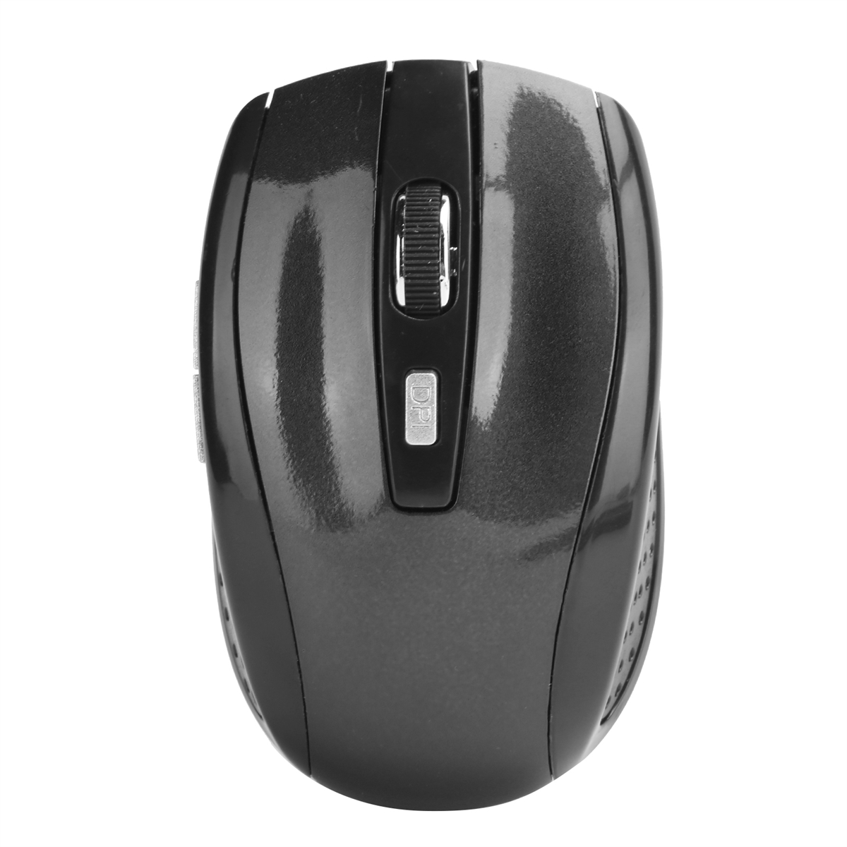 Eine schwarze, kabellose Maus. Sie hat ein Scrollrad und eine DPI-Taste. Die Maus ist glänzend.