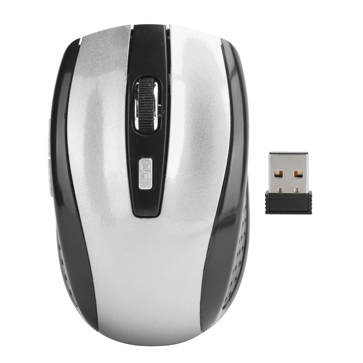 Eine silberne und schwarze kabellose Maus mit einem USB-Empfänger daneben, vor weißem Hintergrund.