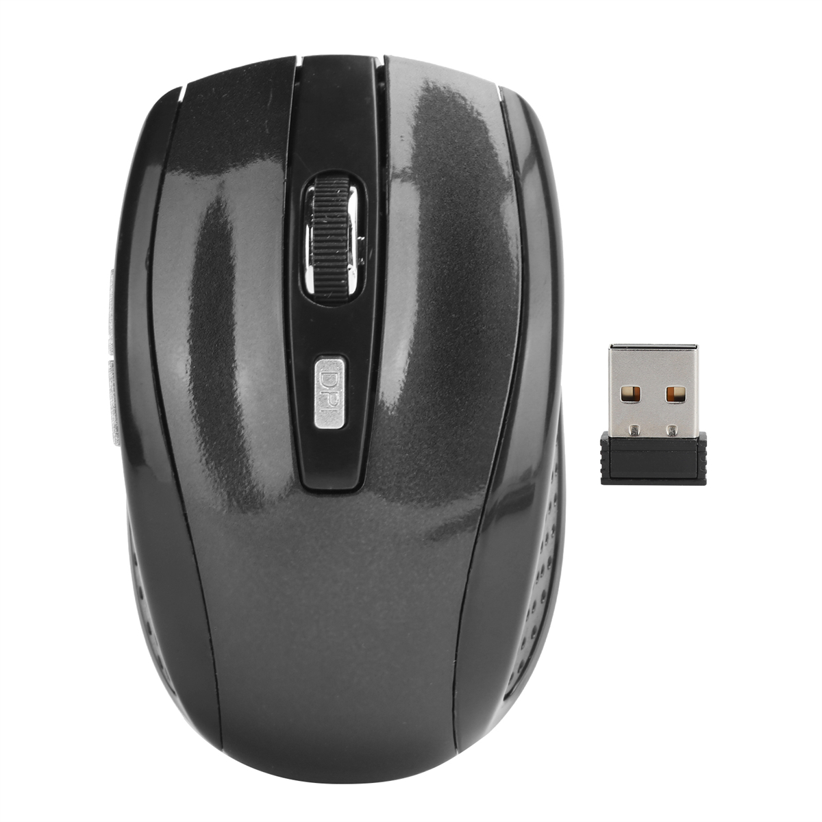 Schwarze Computermaus mit Scrollrad und USB-Empfänger. Es ist auf weißem Hintergrund.