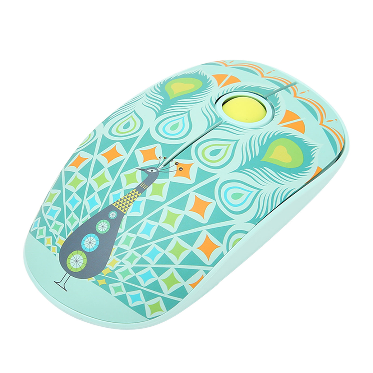 Eine kabellose Maus im Pfauendesign mit einem gelben Scrollrad.