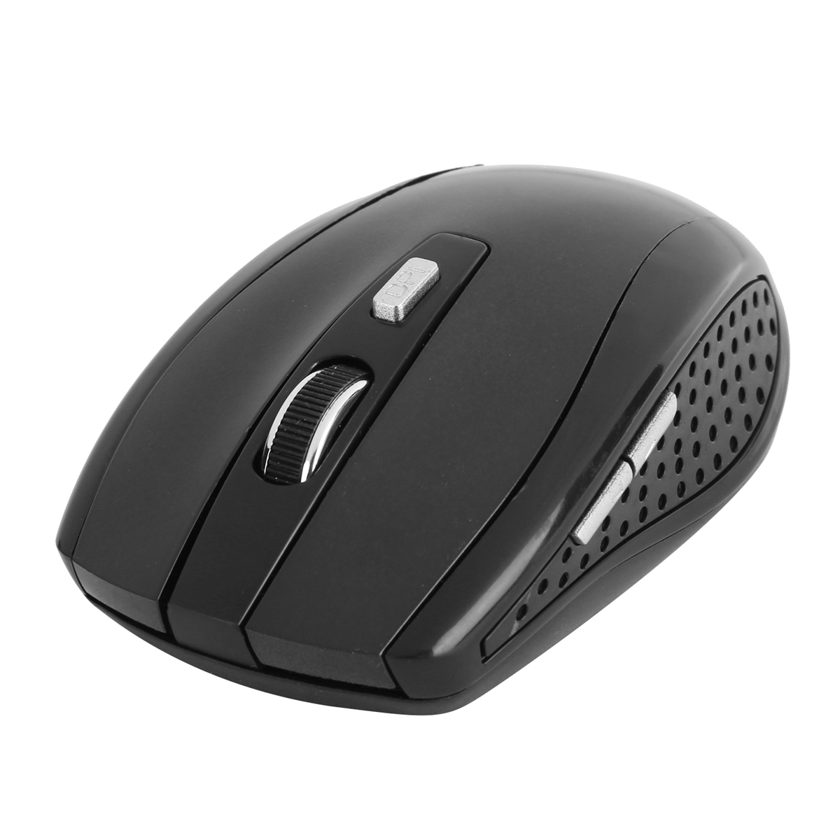 Eine schwarze Computermaus mit Scrollrad und Tasten auf weißem Hintergrund.