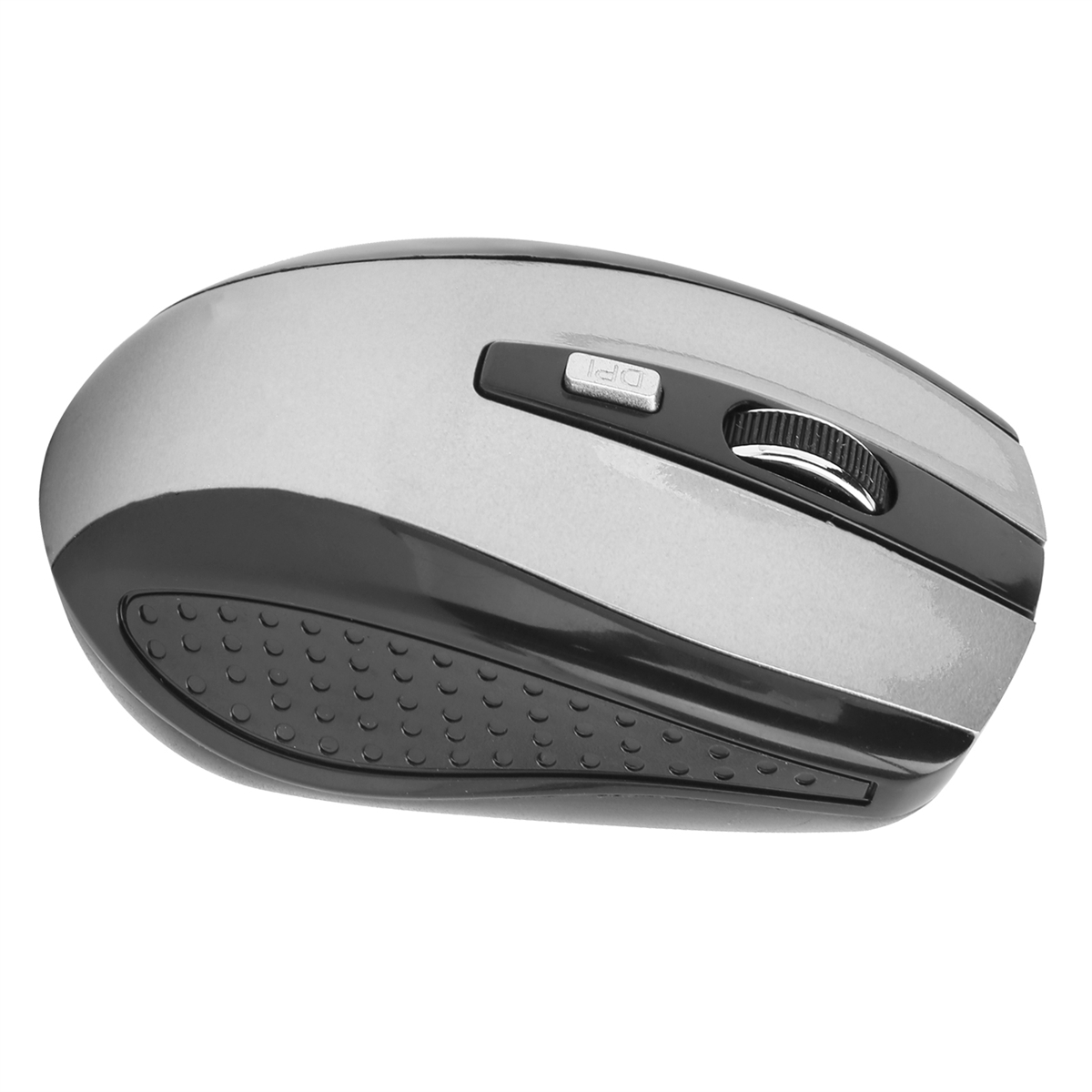 Silber-schwarze kabellose Maus. Sie hat ein Scrollrad und eine DPI-Taste.