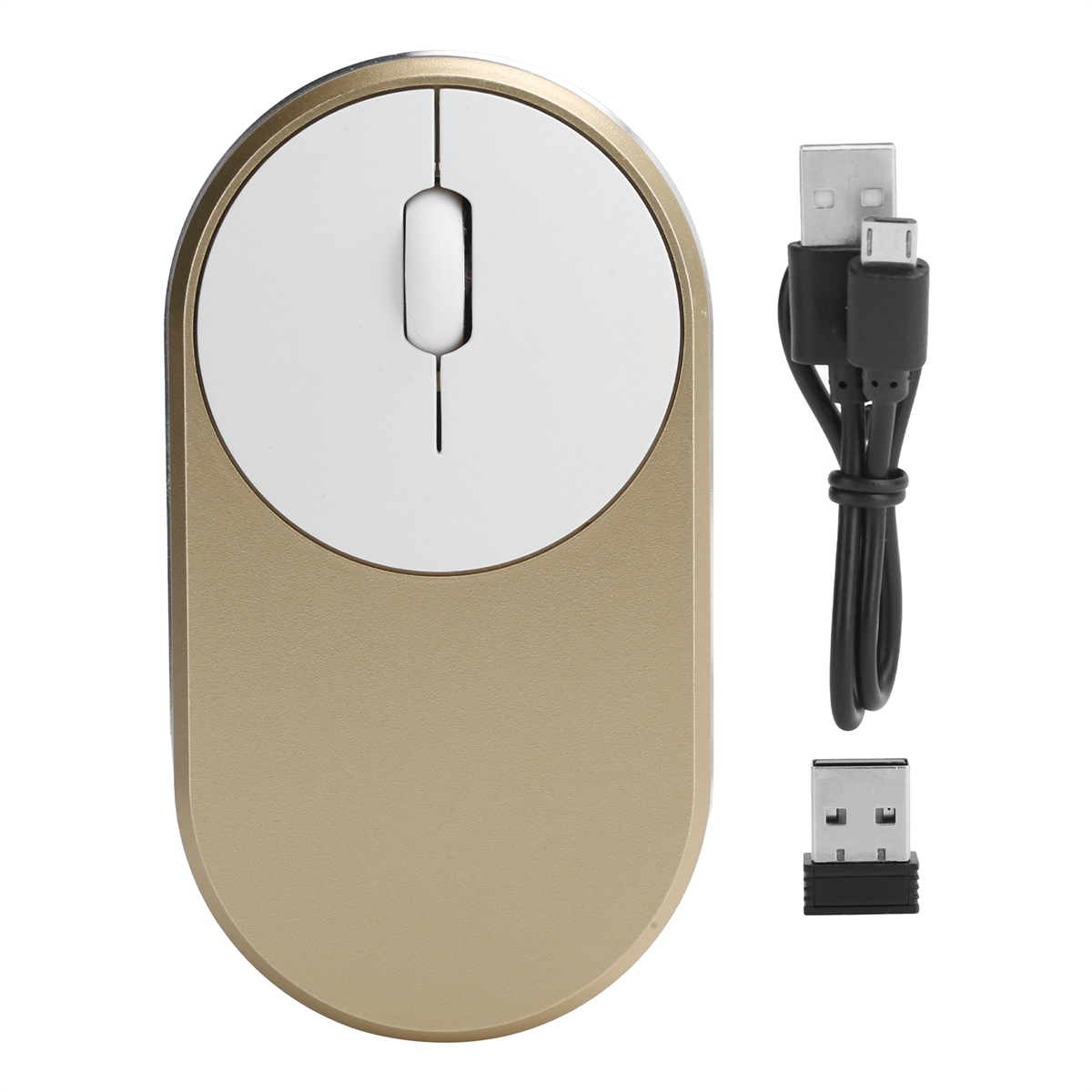 Kabellose Maus. Goldfarbener Körper mit weißer Oberseite. Kommt mit USB-Empfänger und Ladekabel.