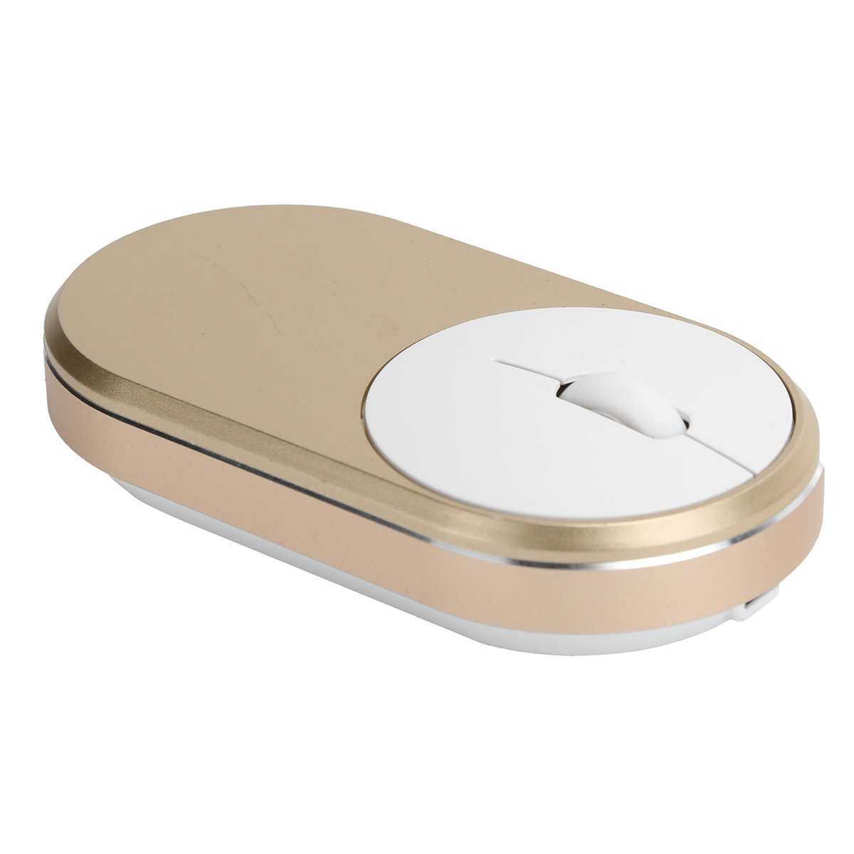 Goldene und weiße kabellose Maus mit Scrollrad und Taste. Weißer Hintergrund.