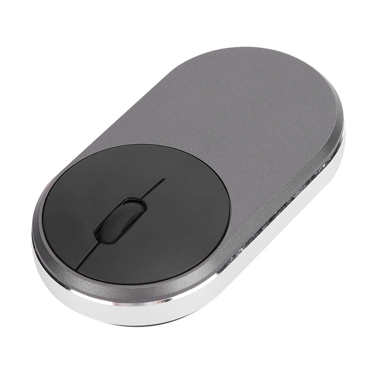 Graue und schwarze kabellose Maus mit schwarzem Trackpad, weißer Hintergrund.