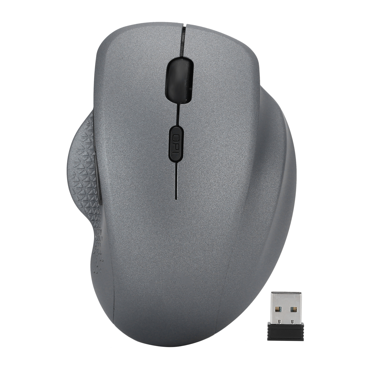 Eine graue Maus mit einem Scrollrad und einem kleinen USB-Empfänger. Es ist auf weißem Hintergrund.